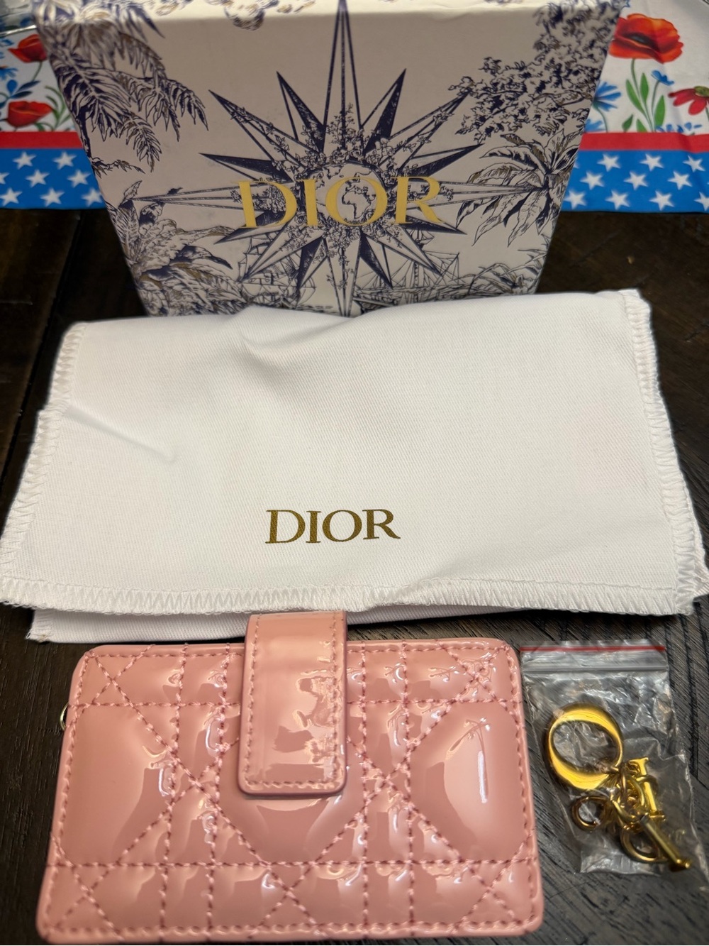 Dior Pink Patent Card Holder with Gold Hardware